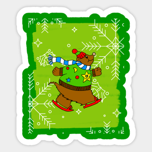 MERRY Christmas Brown Bear Ice Skater Sticker